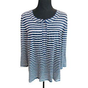 EURO Navy White Striped Long Sleeve Henley Top Nautical Beach Cotton Blend L